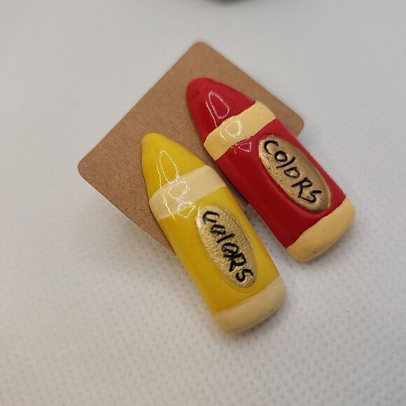 Red And Yellow Crayon Earrings - Picture 2 of 3